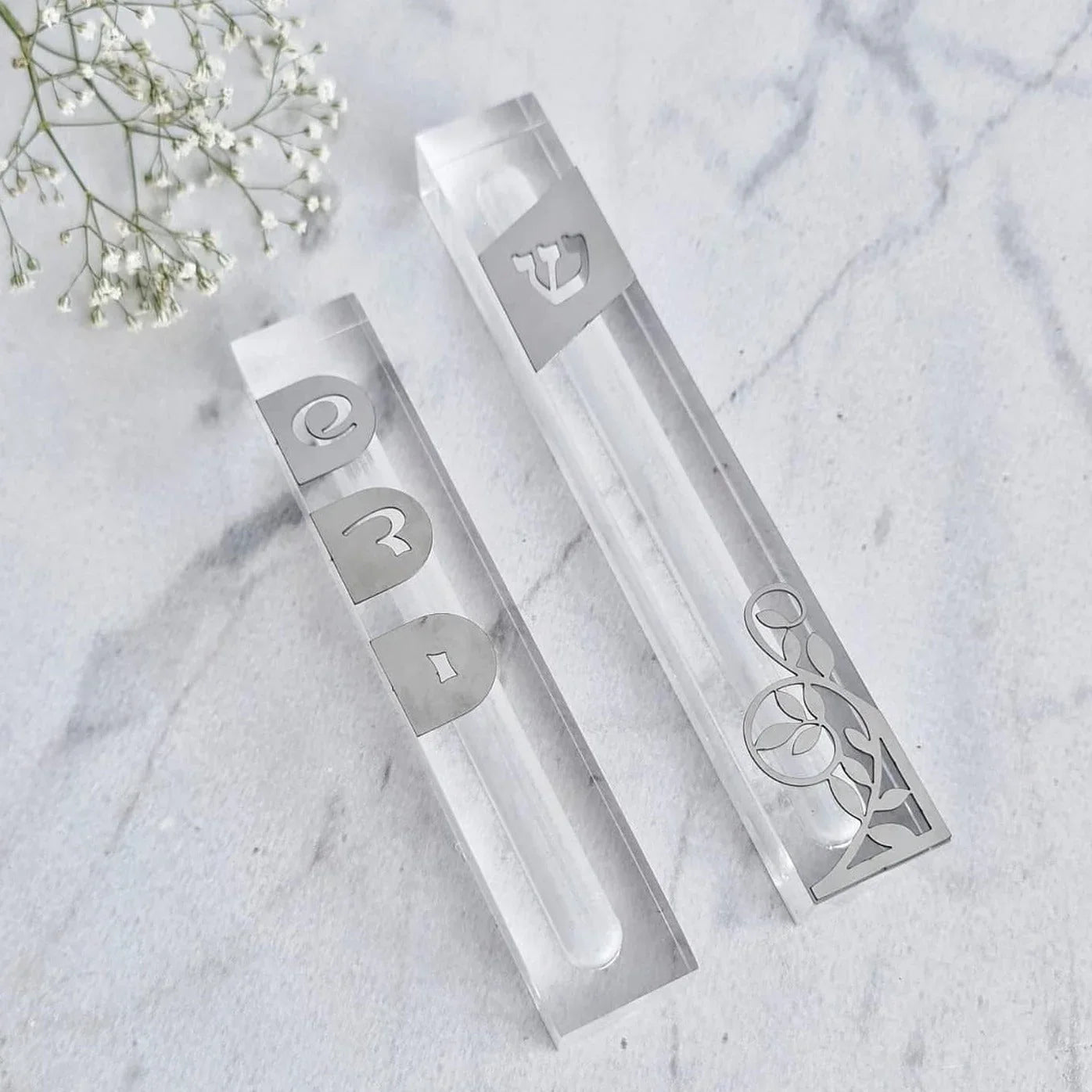 Judaica Jewish Gift Waterproof Scroll Holder Silver Mirrored Design Acrylic Mezuzah Case