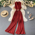 French Retro Waist Slim Suit Collar Jumpsuit Fashionable Bell Bottoms Wide Leg Jumpsuit