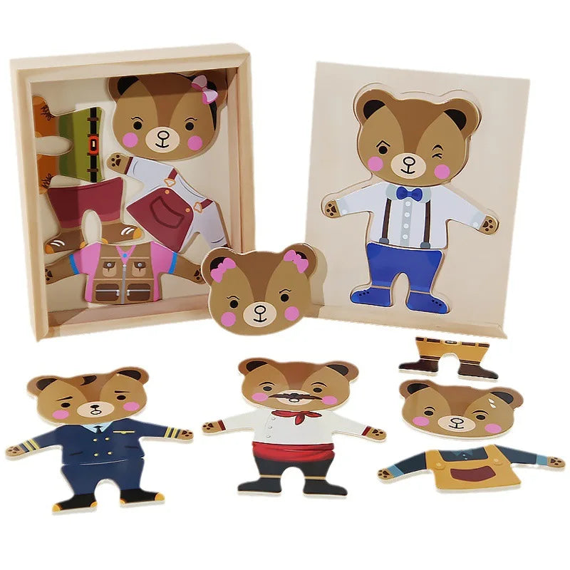 Little Bear Dress up Game Wooden Toys Early Childhood Puzzle Exercise Fine Motor Skills Clothing Matching Wood Toys for Kids