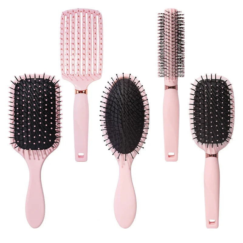 Ionic Daily Styling Comb Set for Women Pink Portable Paddle Brush Hollow Out Curved Comb Massage Cushion Brushes