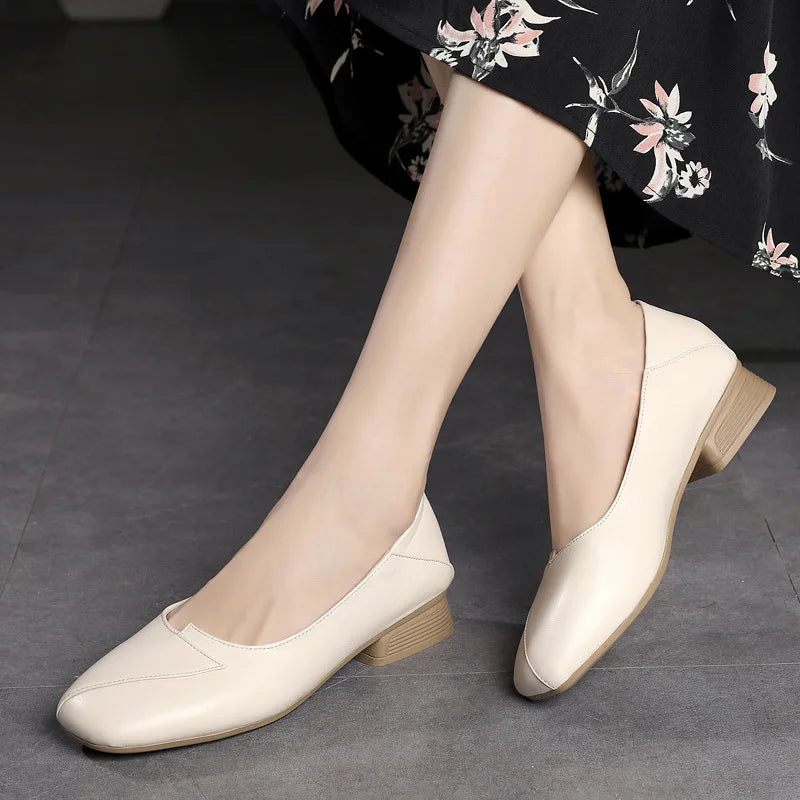 Genuine Cow Leather Plus Size Elegant Classic Casual Comfort Soft Slip-On Summer Autumn Hard-wearing Women Med Heel Shoes