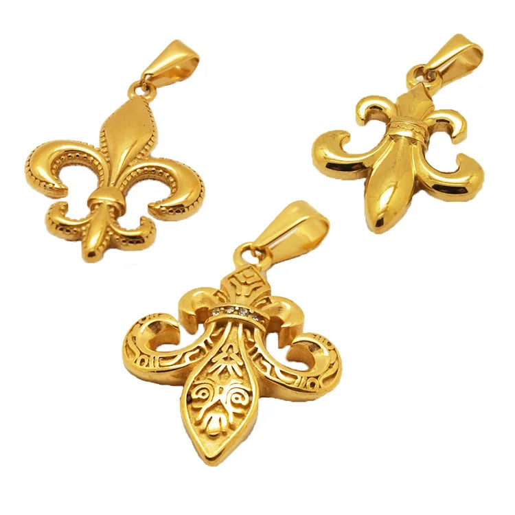Dainty Bohemian Iris Flower Pendant Stainless Steel Rhinestones French Flower Charm Jewelry Women Gold Fleur-de-lis Pendant