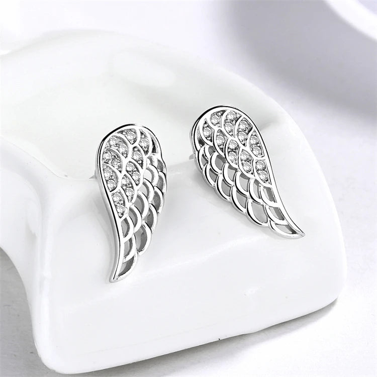New Trendy 925 Sterling Silver Rhodium Plated Angel Wing Diamond Zircon Stud Earrings