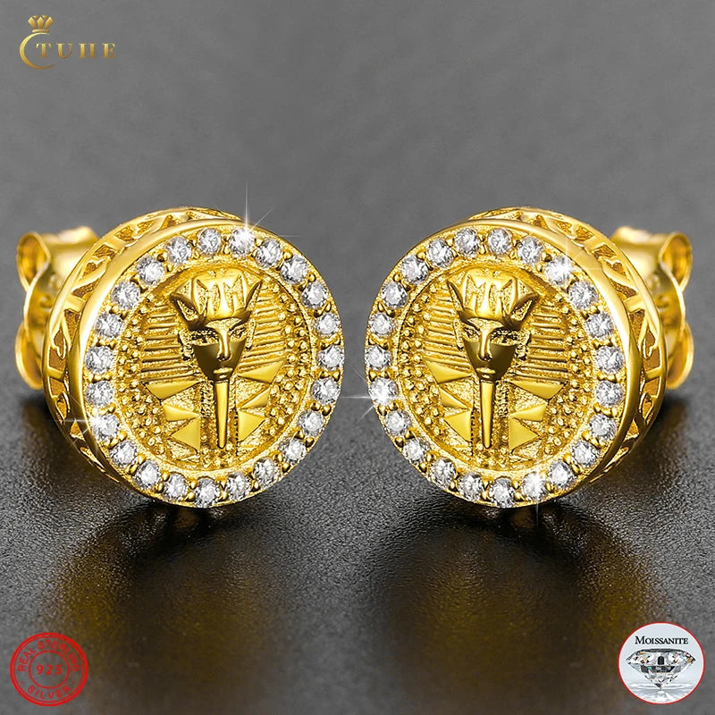 TUHE Fine Jewelry 18K Gold Plated 925 Sterling Silver VVS Moissanite Diamond Pharaoh Pattern Stud Earrings for Men