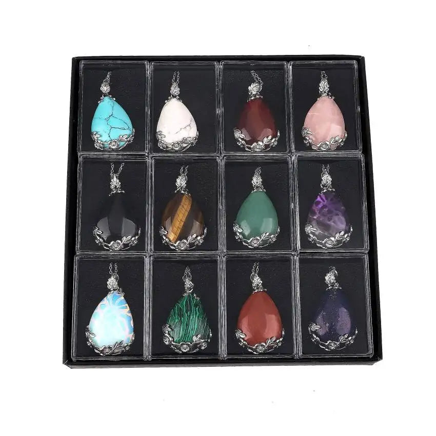 Wholesale Raw Crystal Rough Stone Amethyst Opal Black Agate Tear Drop Druzy Pendant for Women Gift