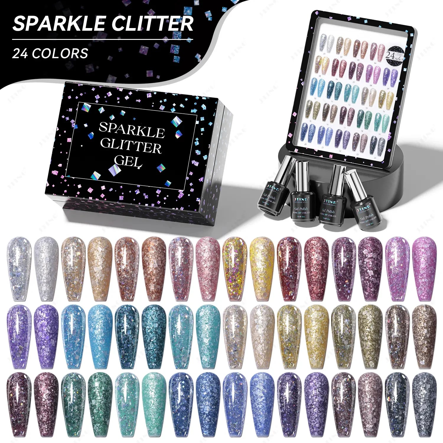JTING Super Flashing Sparkle Glitter Gel Polish Collection 24colors Set Box Free Color Card Vegan Hema Free Nail Gel Polish