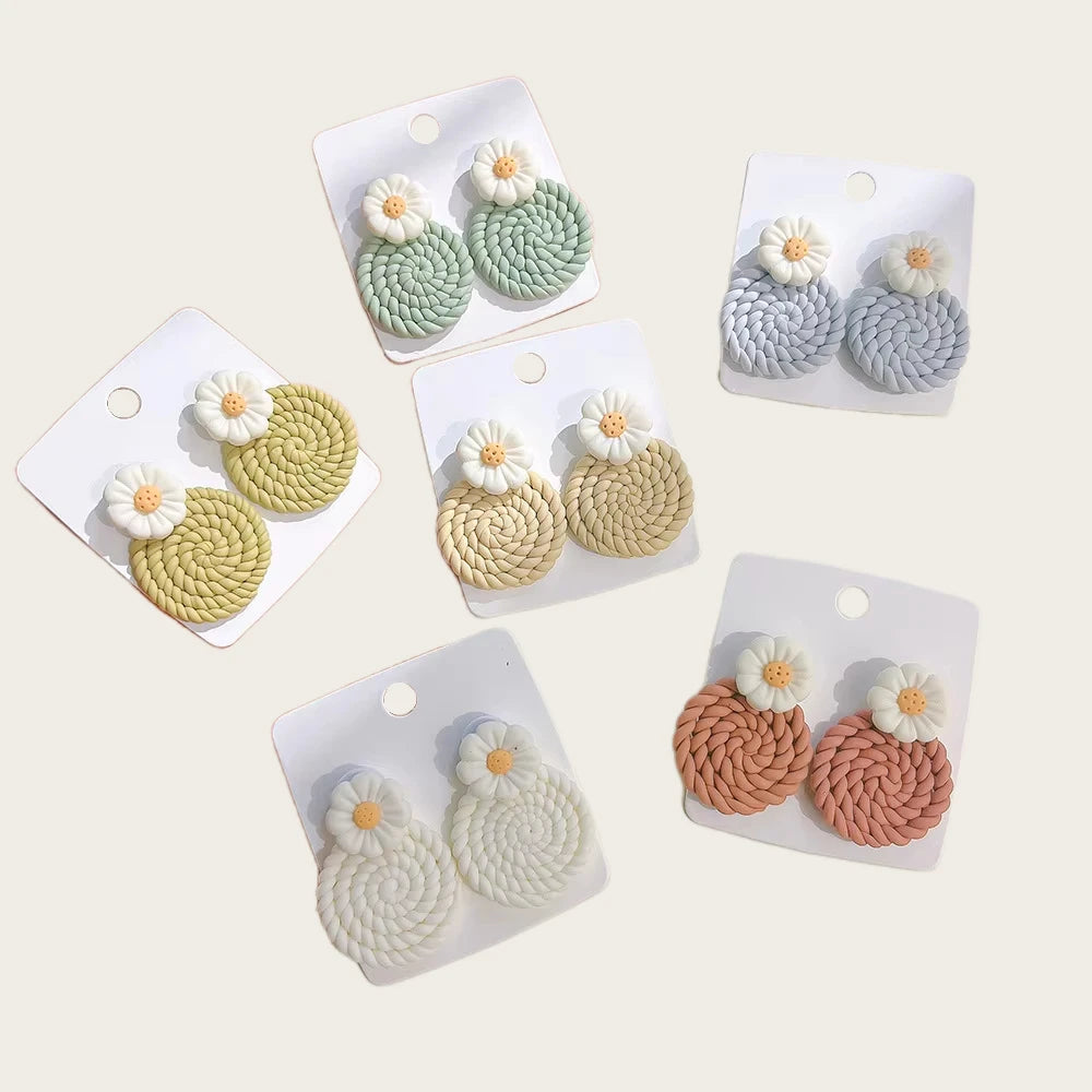 Creative Braid Design Sense of High - Class Ear Accessories Polymer Clay Daisy Hoop Earrings
