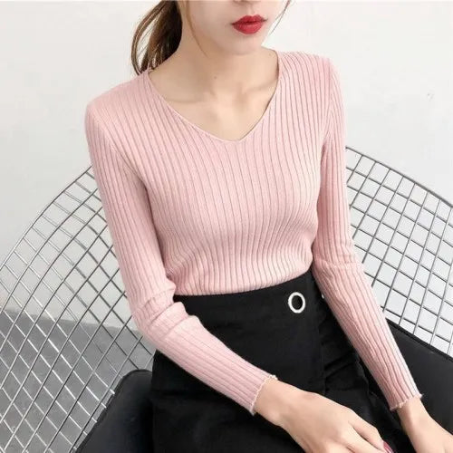One Size Autumn and Winter V-neck Knitted Long-sleeved Slim Warm Bottoming Shirt Top Trendy Retro Pullover Women's Sweater