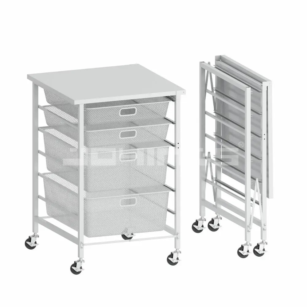 Folding Storage Rack 4 Layers Drawer-type Trolley Metal Square Shelf With Wheel Storage Rack for Kitchen Bedroom
