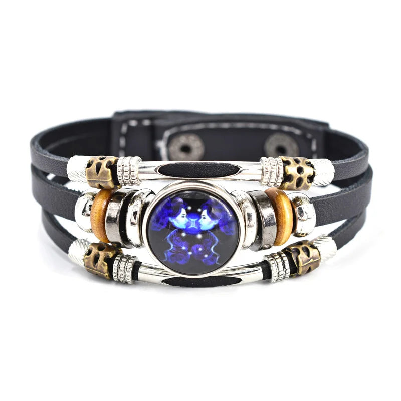 Leather Alloy Knitting 12 Signs Zodiac Adjustable Three Layers Bracelet ZU035