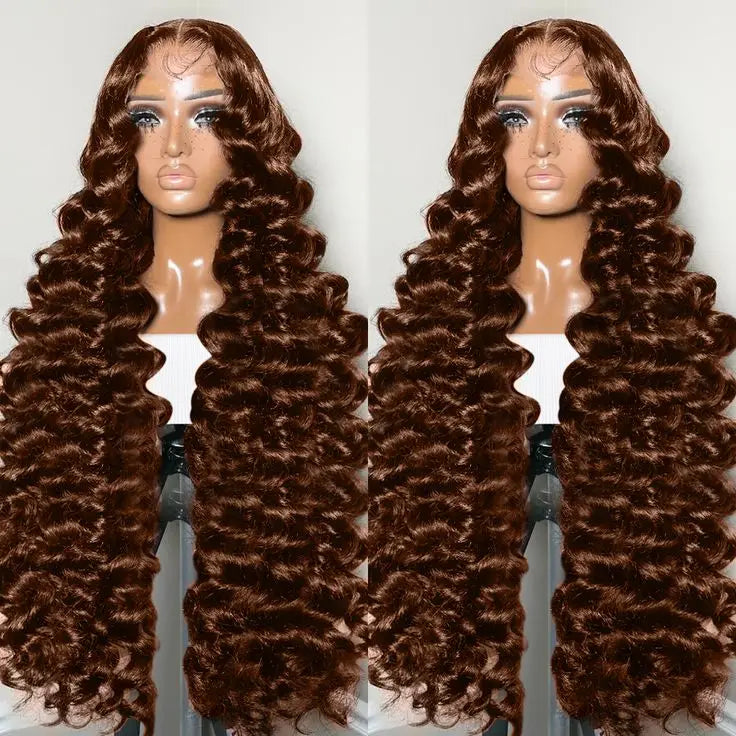 Brown 250% 13x4 Glueless Frontal Wig with Natural Pre-Plucked Bleached Knots Deep Curly Lace Closure Human Hair Wigs