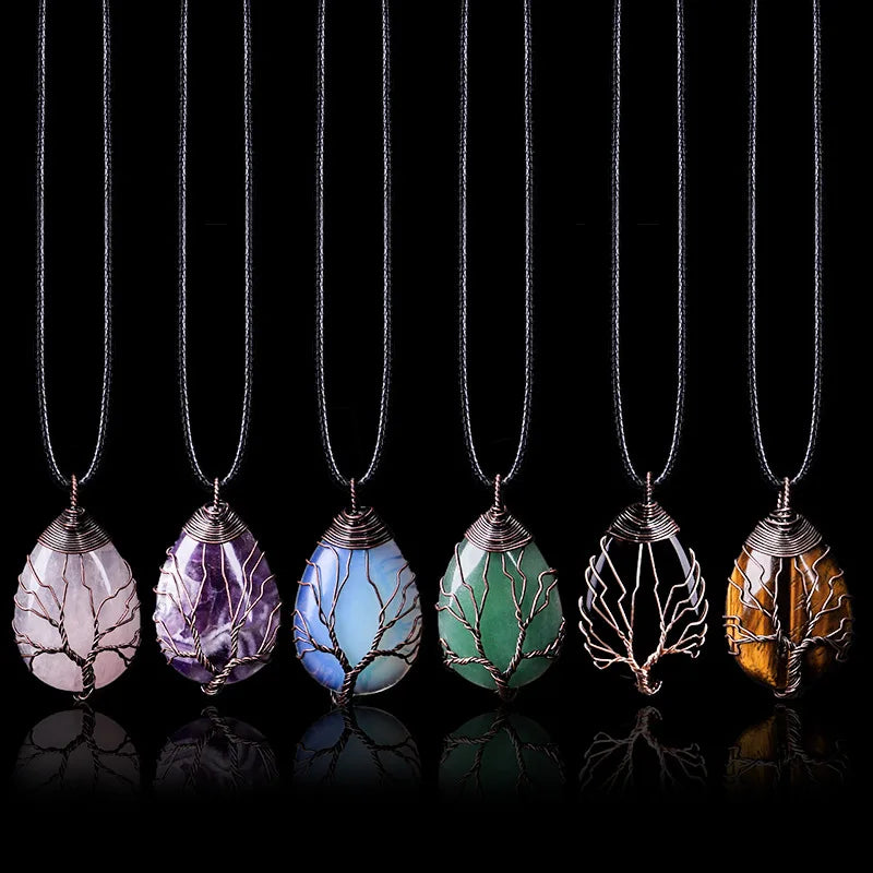 Fashion Waterdrop Shaped Real Natural Precious Stone Braided Copper Wire Tree of Life Pendant Necklace for Woman