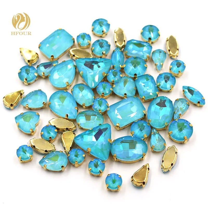 New Arrival 3D Sew-on DIY Rhinestones AB Mocha AB Color Mixed Shape Glass Rhinestones with Claws Loose Type for Sea Blue Designs
