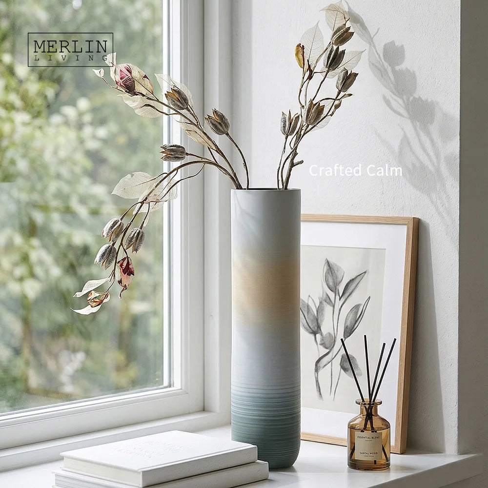 Merlin Living Nordic Style Modern Home Decor Hand-Pulled Ceramic Tabletop Vase with Floral Design for Home Decoration
