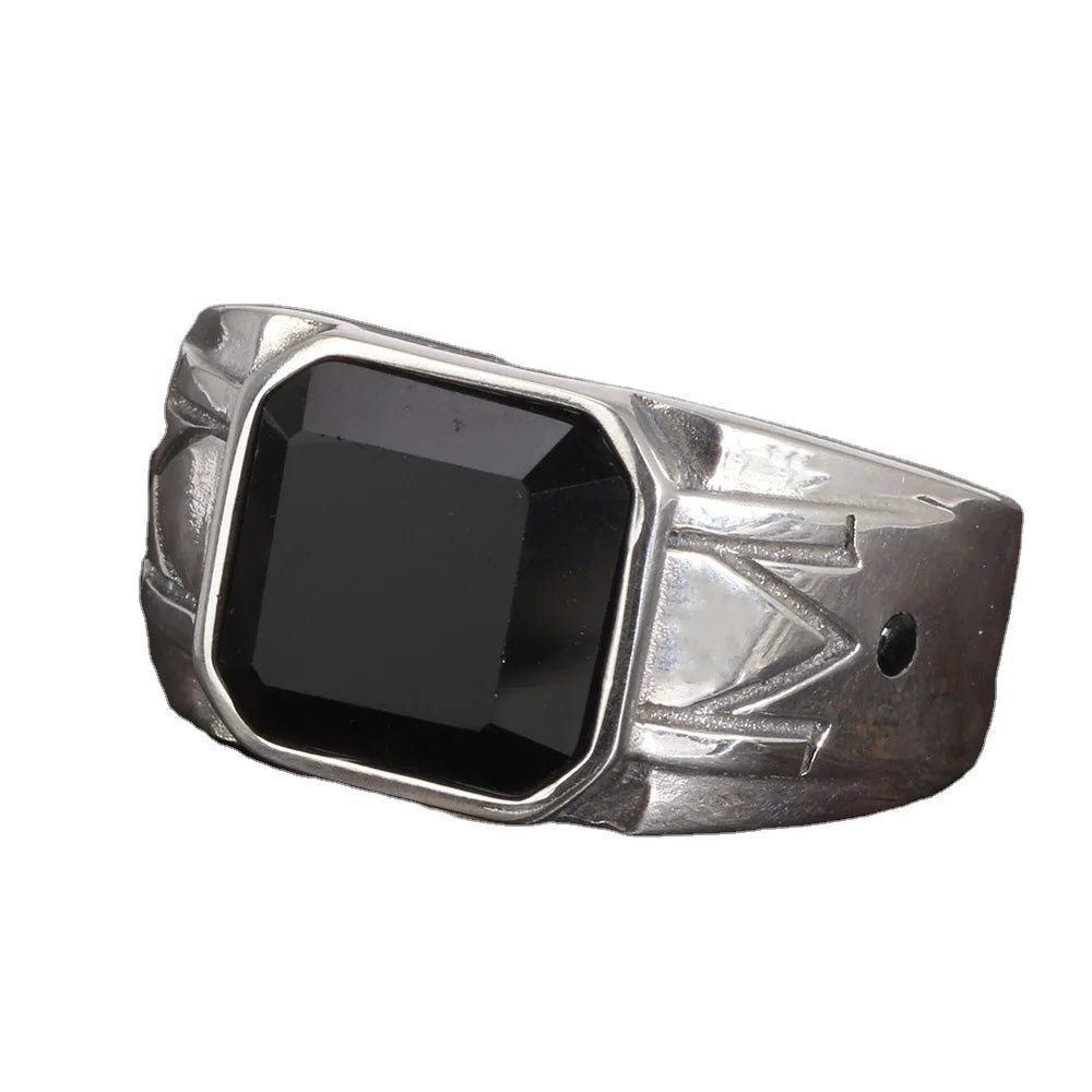Solid 925 Sterling Silver Vintage Punk Simple  Men Ring with Natural Black Agate Square Stone Silver Jewelry