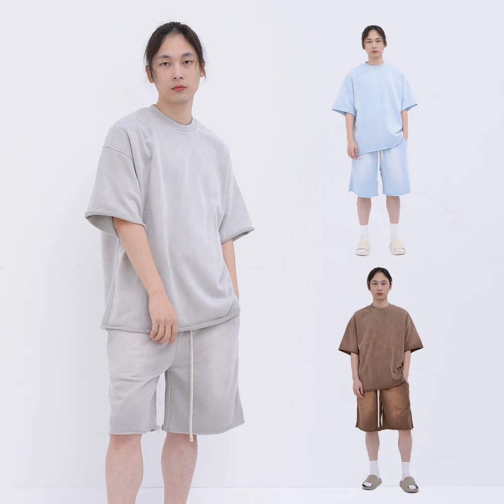 YQ High Quality Spray Dye Fashion Mens T-shirts Sets Blank Clothes Washed Faded Oversized Custom Loose t Shirts Set
