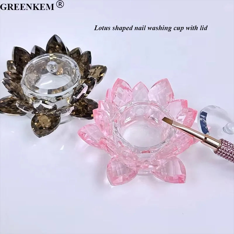 New Crystal Lotus Nail Cup Pink Clear Glass Nail Washing Cup Crystal Lotus Nail Dappen Dish With Lid