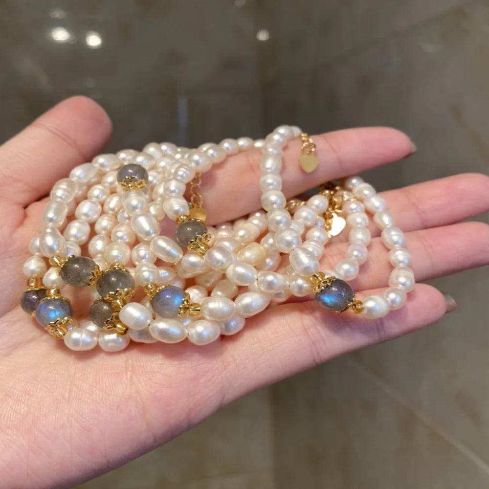 Fashion Gold Grey Moonstone Mother of Pearl Beads Beaded Bracelet Bracelets Gift Jewelry