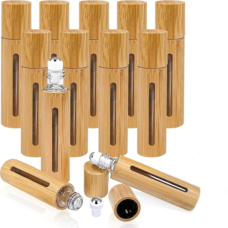 Wholesale Price Portable Travel Wood Glass Perfume Roller Bottle Natural Bamboo Wooden 5ml 10ml Cylinder for Roll Essential Oil