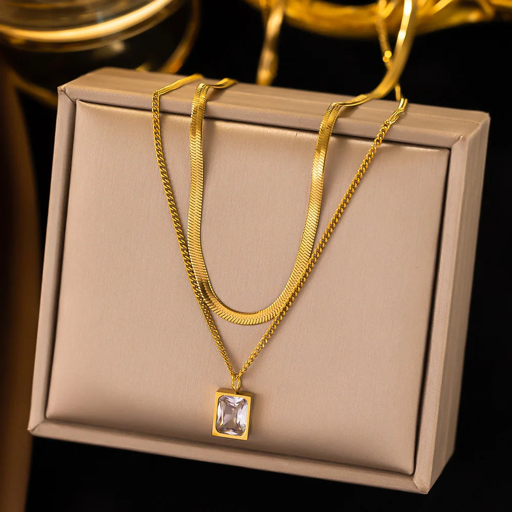 Stainless Steel Jewelry Green Zircon Necklace 18k Gold Plated Stainless Steel Double Layer Necklace for Women