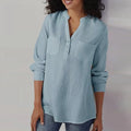 Spring Retro Design Fashion Loose Women's Solid Color Shirt V-neck Pocket Cotton Plus Size Lady's Tops Shirt
