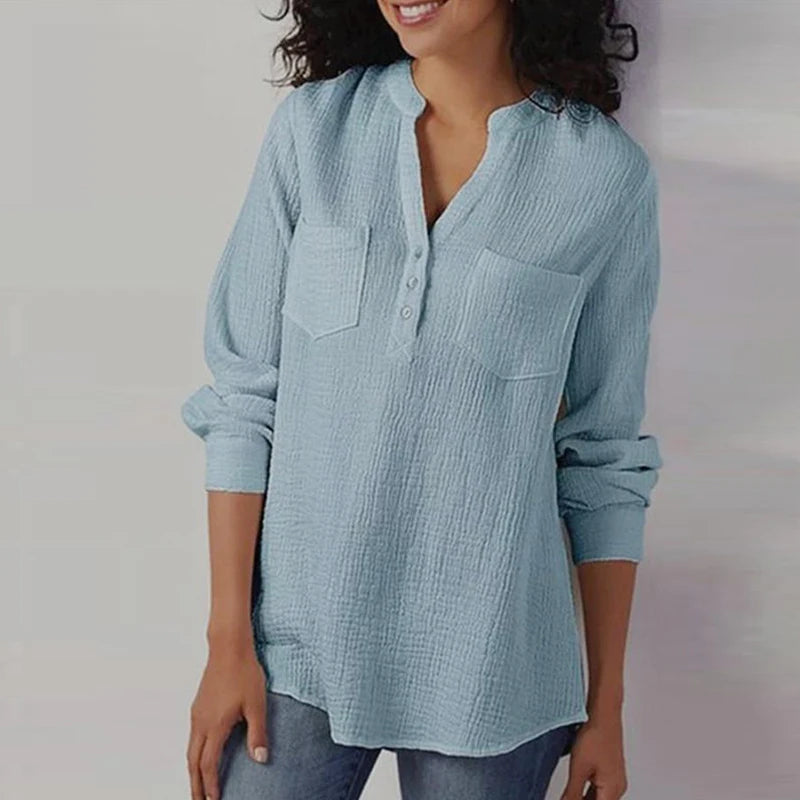 Spring Retro Design Fashion Loose Women's Solid Color Shirt V-neck Pocket Cotton Plus Size Lady's Tops Shirt