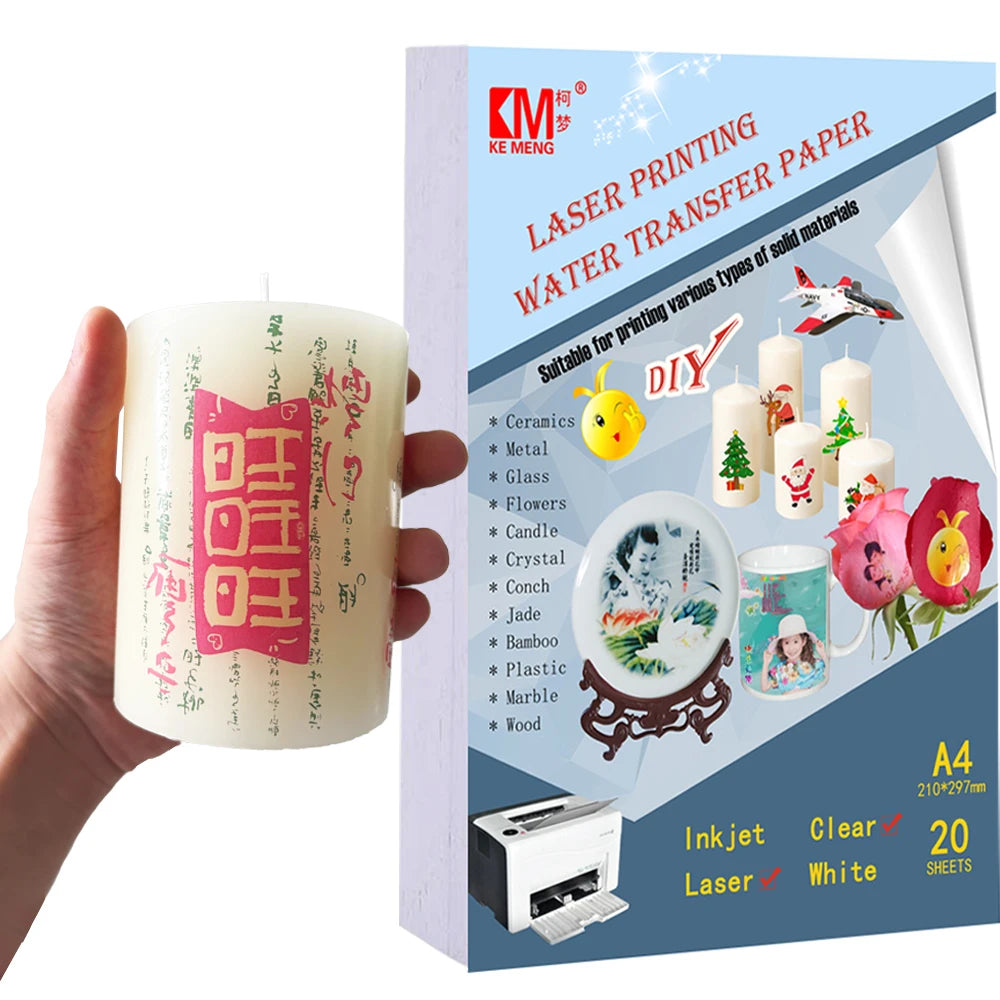 KeMeng Waterslide Decal Transfer Paper Laser Clear White Transparent 173gsm Printable A4 Size DIY Decals Gift Crafts Custom Logo