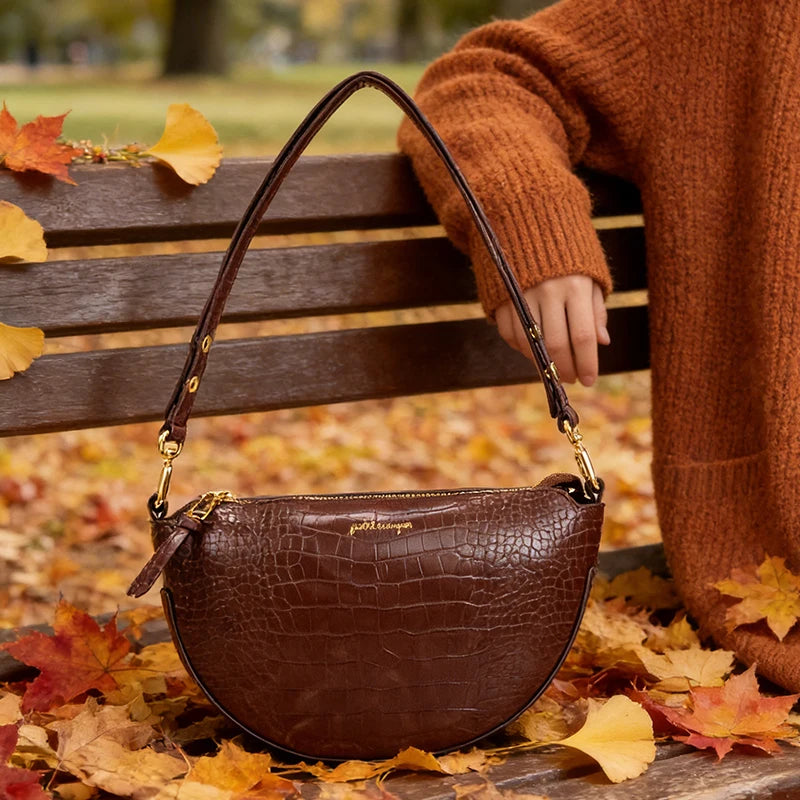 Warehouse Ready to Ship Brown Crocodile Embossed Half Moon Bag for Women Vintage Chic Underarm Purse Fast Local Shipping Stock