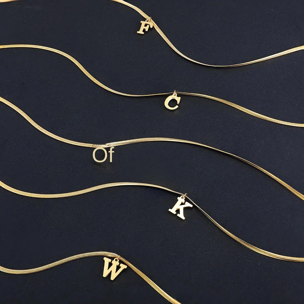 A-Z Alphabet Gold Plated Stainless Steel Pendant Necklace Diamond Unisex Snake Chain Initial Letter Clavicle Necklaces Collar