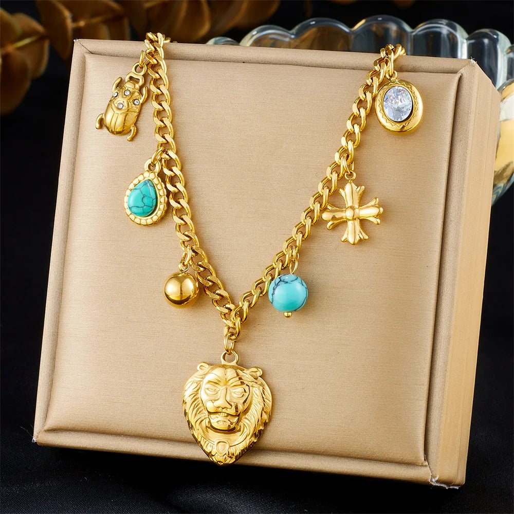 Vintage Stainless Steel Thick Chain Lion's Head Pendant Necklace 18k Gold Plated Tarnish Free Ladybird Cross Charm Necklace