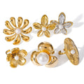 Women's Stainless Steel 18K Gold Plated Pearl Big Flower Opening Rings Waterproof Romantic Finger Jewelry Wedding Party Gift