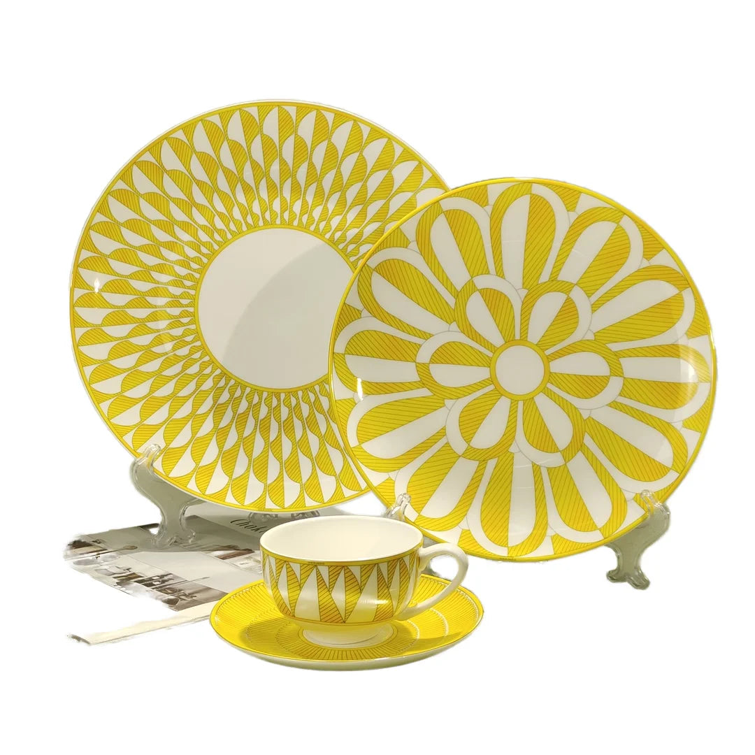 4-Piece Japandi Style Yellow Sunflower Geometric Pattern Bone Porcelain Coffee Cup Set for Home or Hotels-Dinnerware Sets