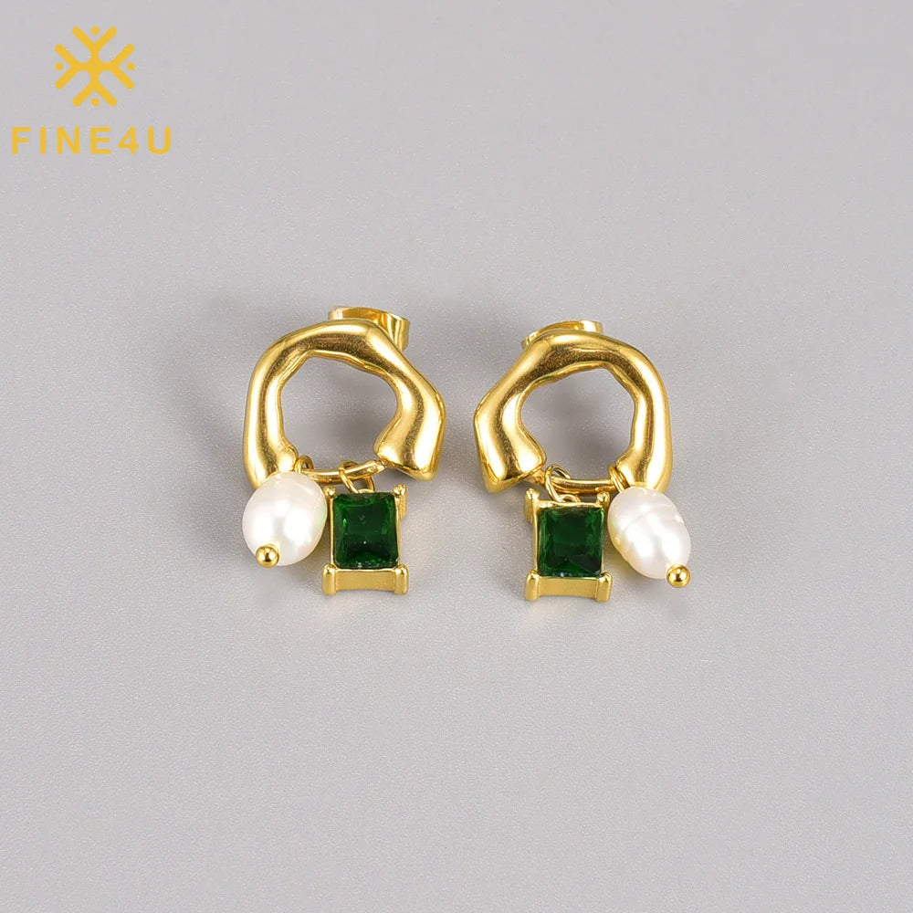 Vintage Fashion Women Stainless Steel 18K Gold Plated Cubic Zirconia Natural Fresh Water Pearl Drop Earring