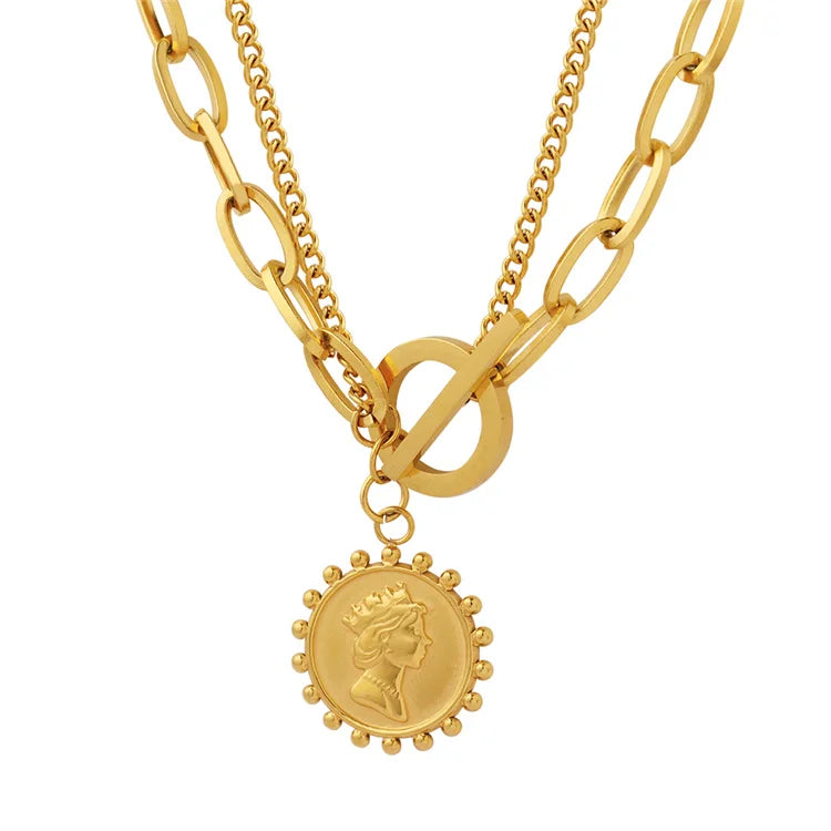 Ladies Statement Jewelry 316L Stainless Steel 18K Gold Plated Queen Elizabeth Charm Ot Buckle Double Layer Women Necklace