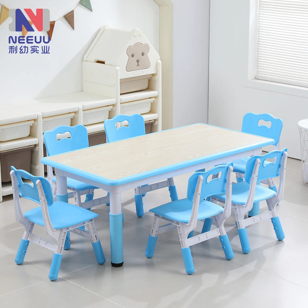 Toddler Plastic Hight Adjustable Table Chairs Sets Children StudyDesk Activity Table and Chair Set Preschool Furniture (Blue)