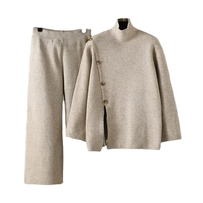New 2023 Women's Sweater Tops and Wide Pants Set Solid Stand Sweet Style for Spring Season