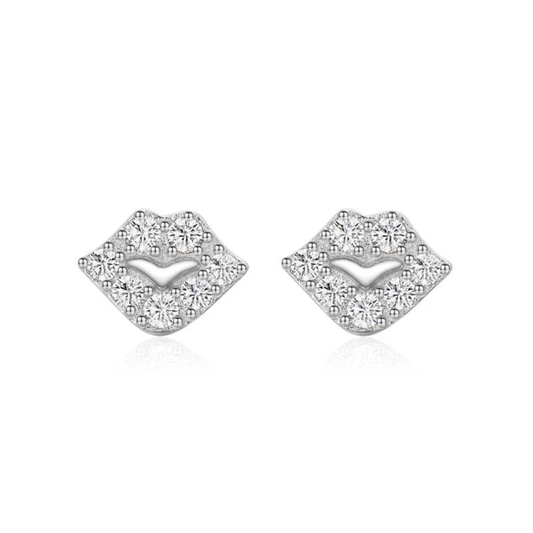 Fashion Design Jewelry 925 Sterling Silver CZ Diamond Lips Stud Earrings for Women