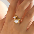 French Vintage Style 18K Gold Plated Waterproof Geometric Pearl Stainless Steel Jewelry Open Ring