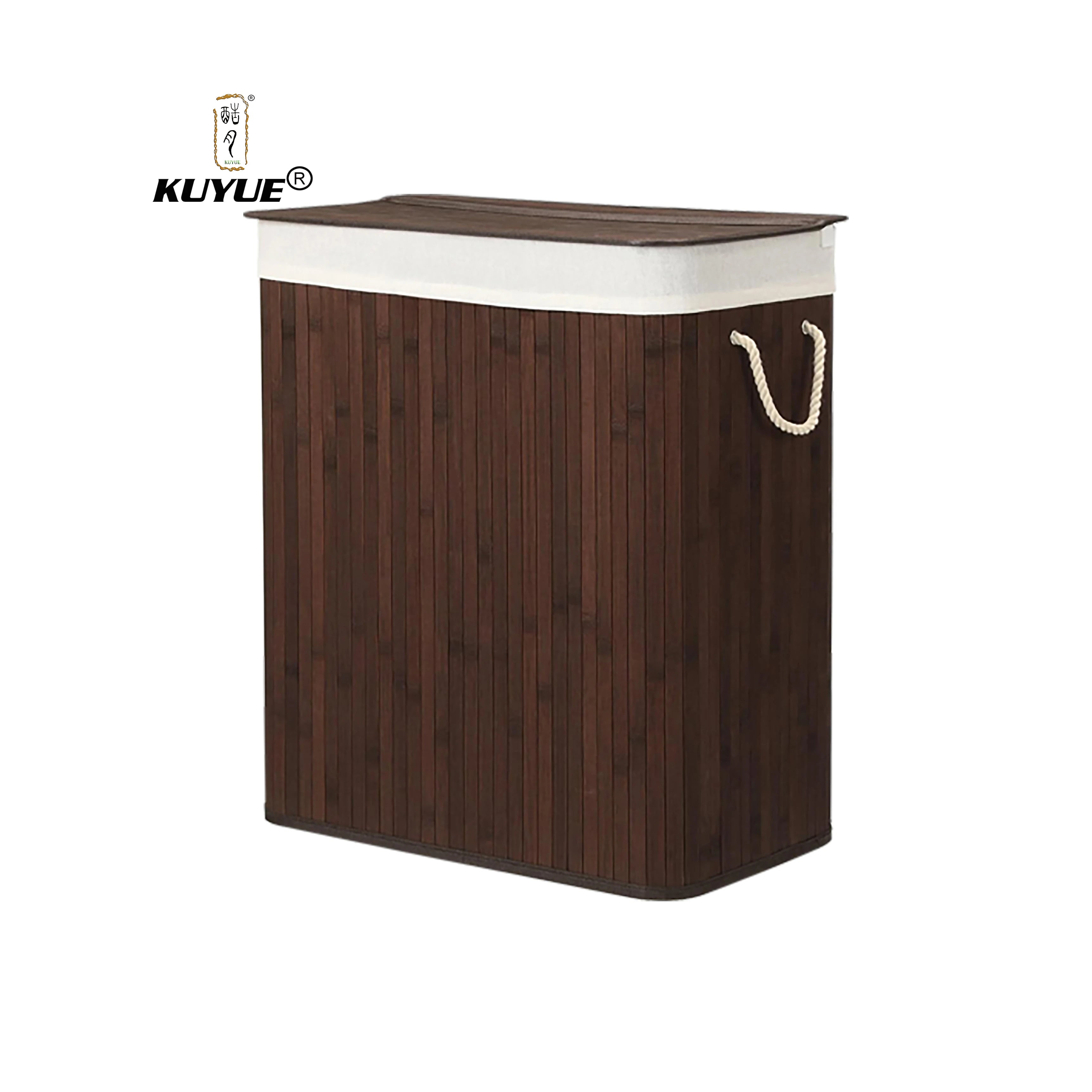 KUYUE 2-Section Bamboo Foldable Laundry Hamper with Removable Liner Machine Washable Targeted for Convenience & Durability