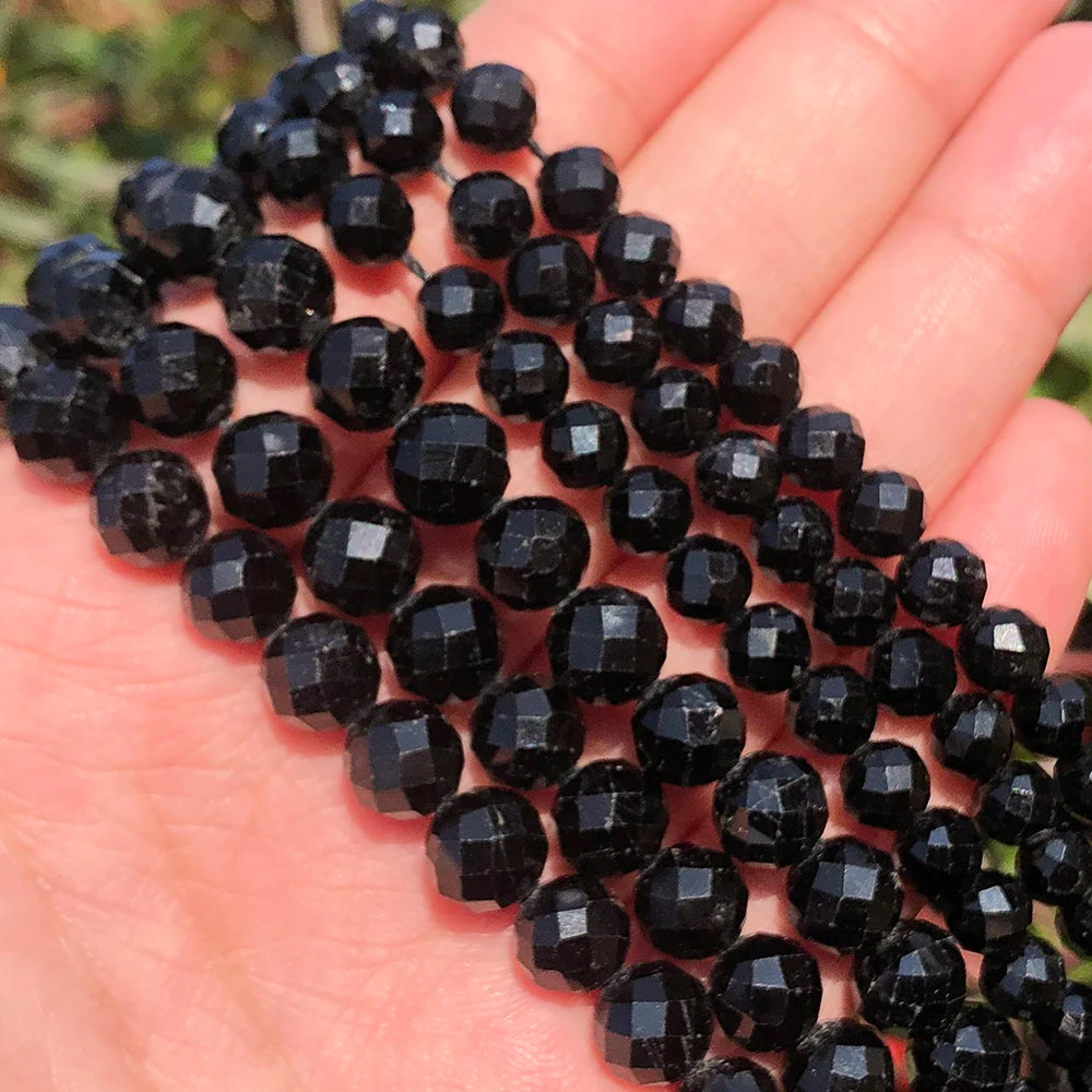 Wholesale 7.5'' Natural Faceted Black Tourmaline Gemstone Beads 6/8/mm for Bracelet Necklace Making