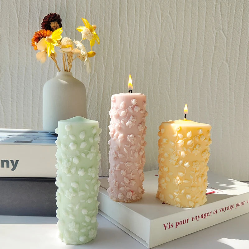 Handmade DIY 3D Embossed Vines Cylinder Aromatherapy Candle Molds Plaster Diffuser Stone Jewelry Table Silicone Molds Cake Tools