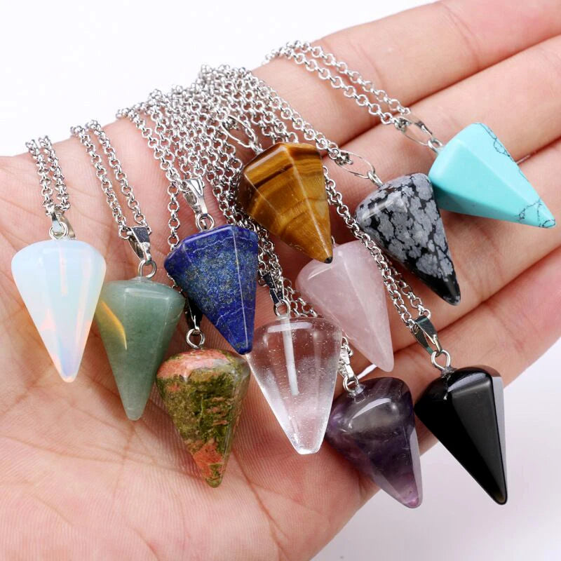 Trendy Pyramid Shaped Real Gem Semi Precious Natural Quartz Tiger Eyes Opal Turquoise Stone Pendant Necklace Jewelry for Woman