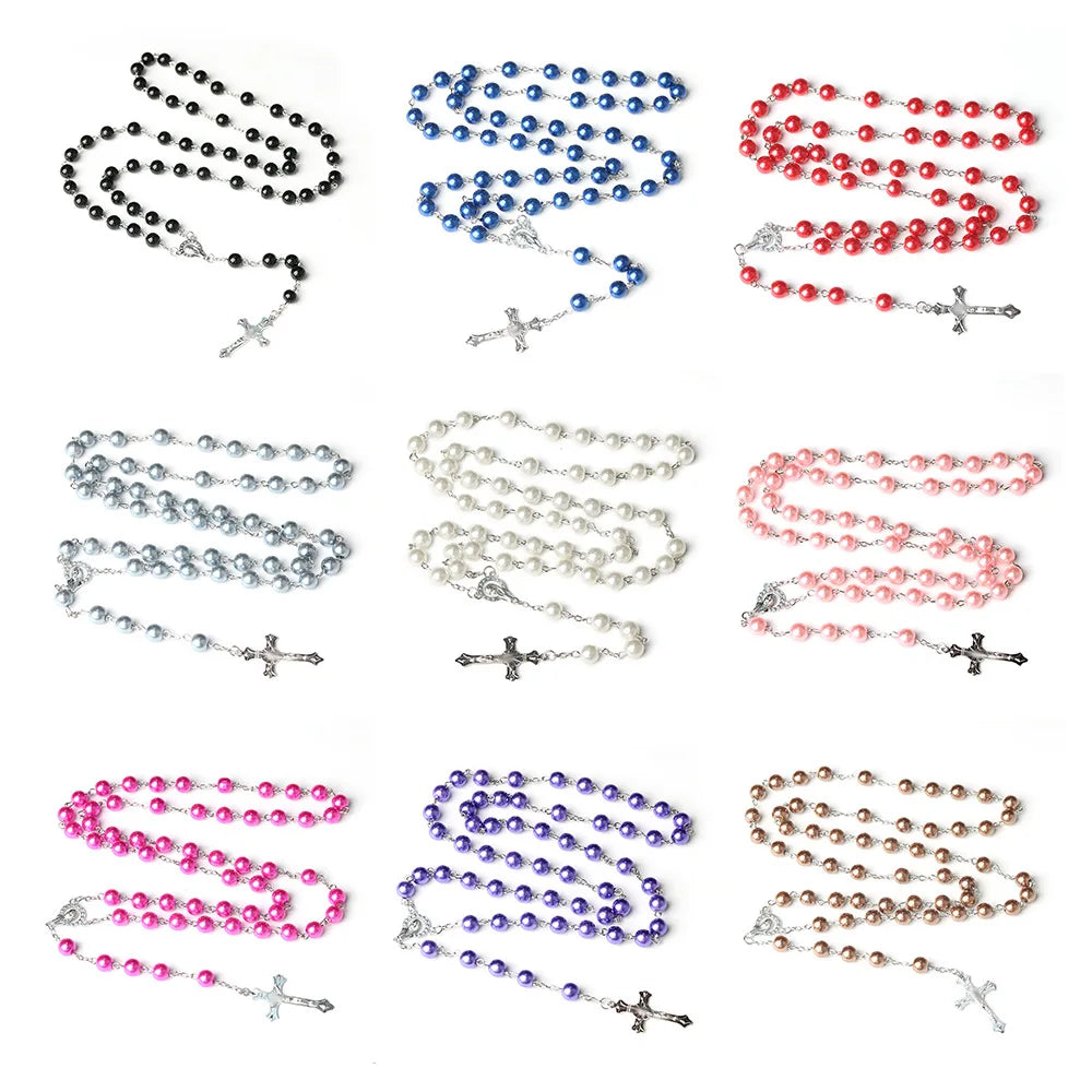 8mm Multiple Colorful Catholic Rosary Jewelry Wholesale Religious Rosary Beads Artificial Pearl Cross Necklace