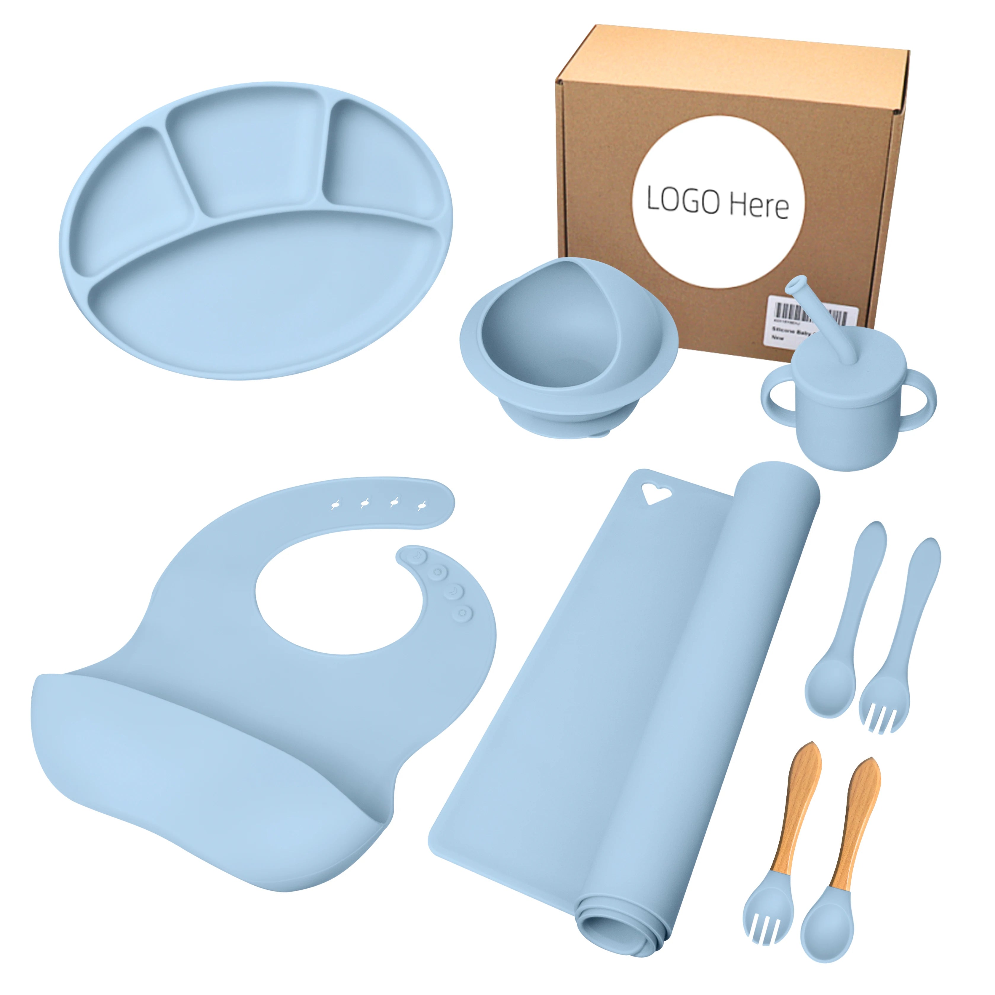 BPA-Free 7-Piece Silicone Baby Feeding Set Food Grade Kid-Safe Fork Suction Plate Bowl Bib Spoon Cup Division Mat for Dining