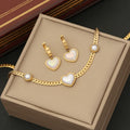 Vintage 3 Pcs/Set 18K Real Gold Plated Heart Hoop Earrings Pearl Heart Cuban Link Chain Necklace Women Jewelry Set