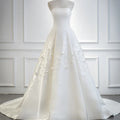 Strapless A-Line Satin Wedding Dress Simple Floor Length Bridal Dress With Satin Handmade Flowers Rl088