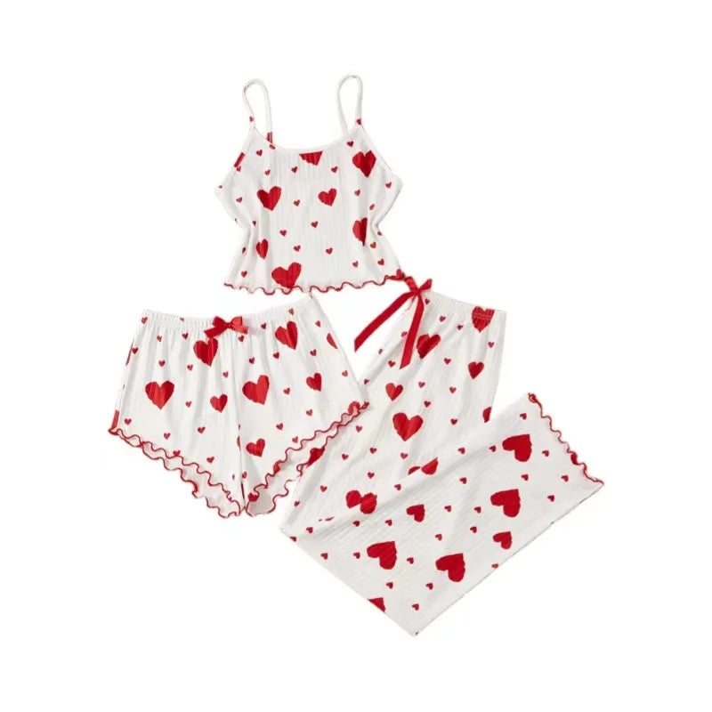 Women's Sexy Soft Knitted Spandex Three-Piece Love Print Pajama Set Knee-Length Summer Home Wear Loungewear Nightwear 3pcs