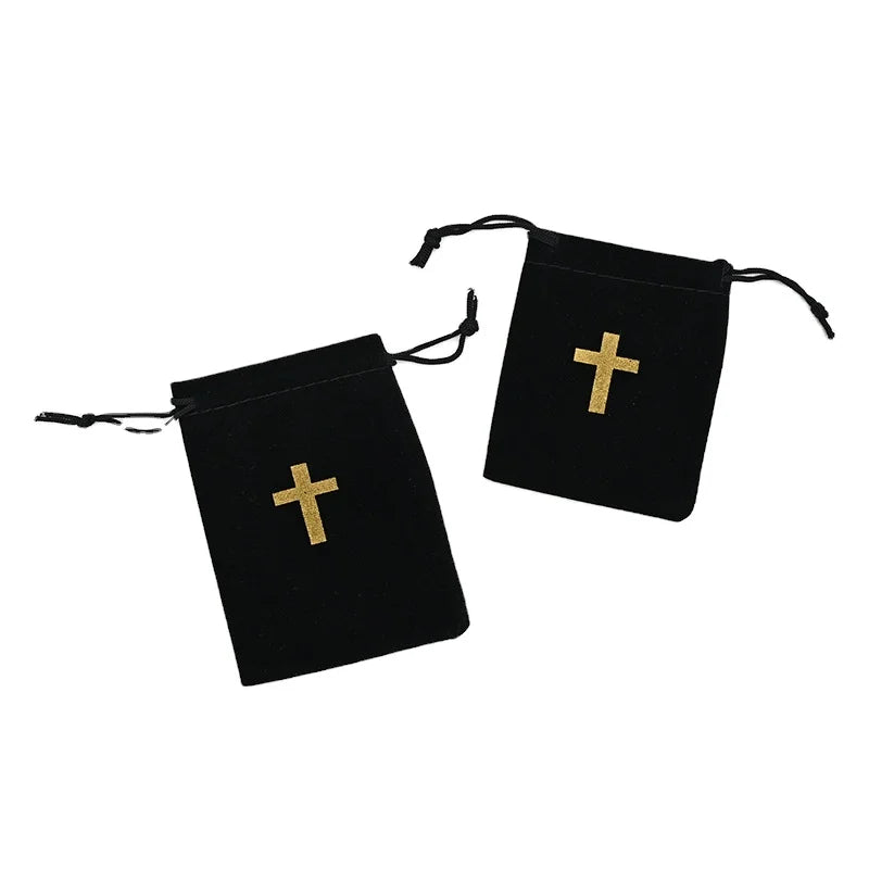 Storage for Prayer Beads Black Flannelette Bag Jewelry Gift Storage Rosary Bag Cross Jewelry Drawstring Pocket Rosary Pouch