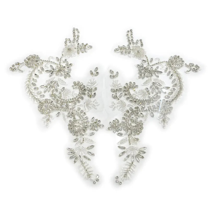 WDP-542 Crystal Flower Shoulder Patches Embroidery Bead Sewing Rhinestone Bodice Appliques for Bridal Gown Evening Dress