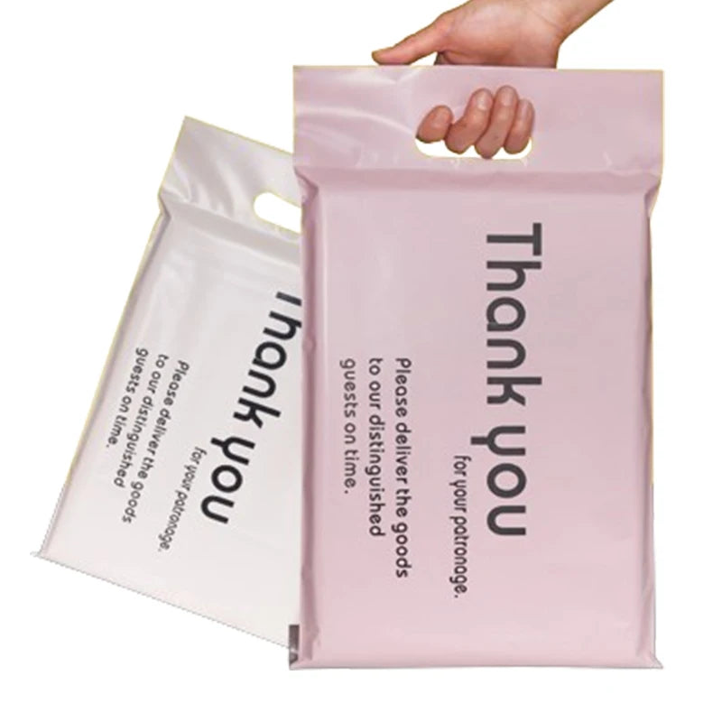 Wholesale Customized Thank You Poly Pink Mailers Printed Waterproof Clothing Packaging Poly Mail Bag With Handle